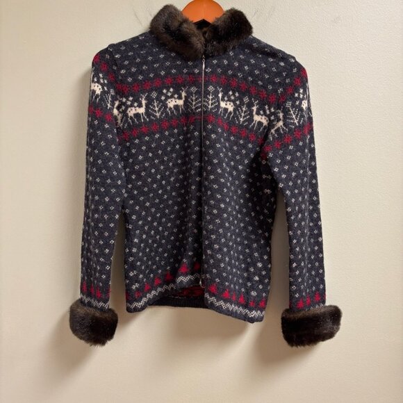 VTG Lauren Ralph Lauren Women Wool Faux Fur Sweater Jacket Size P Old Money Deer - Picture 1 of 12